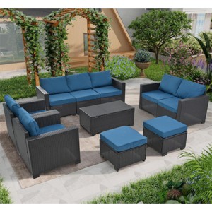 ELJGET 10PCS Outdoor Patio Wicker Furniture Set Cushioned Sectional Sofa Storage Coffee Table Peacock Blue Cushion - 1 of 4
