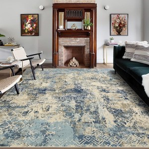 Extra Large 10' x 13' Washable Area Rug – Modern Distressed, Low Pile, Non‑Slip Backing – Cream/Blue - 1 of 4