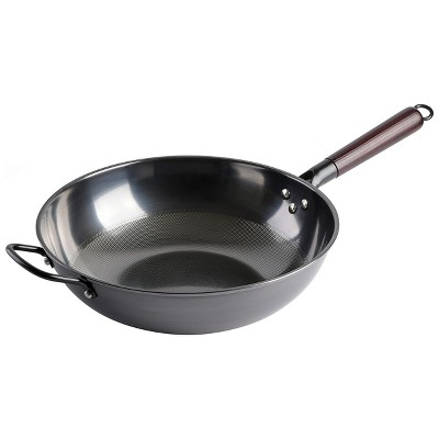 Gibson Home Stargaze 13 Inch Carbon Steel Nonstick Debossed Wok with Wood Handle in Black