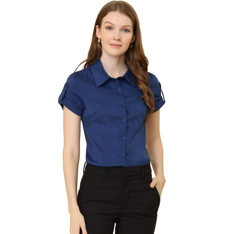 Allegra K Women's Elegant Roll-Up Short Sleeve Work Button-Down Shirts, 1 of 6