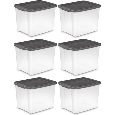 grey plastic storage bins