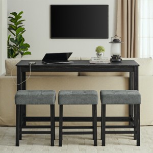 4 Piece Wood Bar Table and Chair Set, 59'' Wood Bar Height Table and 3 Linen Upholstered Stools,Bar Table Set for Kitchen Dining Room-Coolbibila - 1 of 4