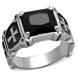 Slickblue Men’s Silver Ring with Cross Detail, Jet Black Center Stone, Oblong Cut, Stainless Steel, 8–13 - 1 of 4