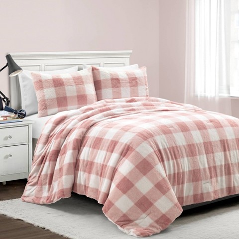 Lush Decor Lush Décor 3pc Full/Queen Soft Plush Plaid All Season Comforter Bedding Set Blush