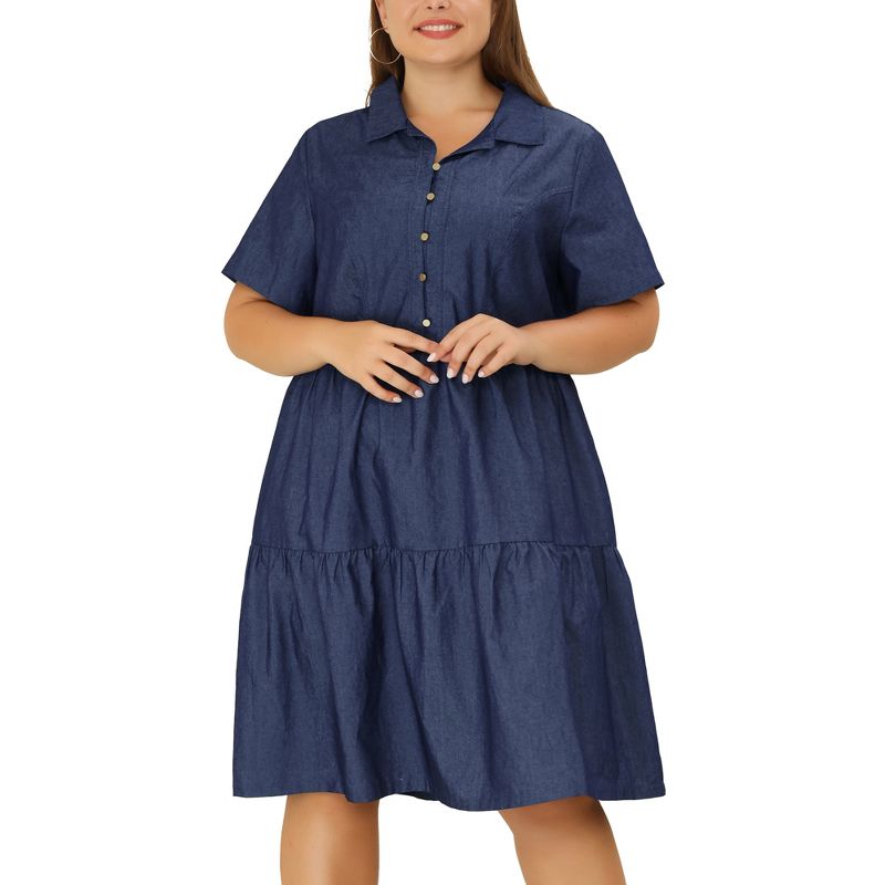Agnes Orinda Women's Plus Size Babydoll Half Placket Elastic Back Button Chambray Shirt Dresses, 2 of 6