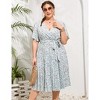 Plus Size Women's Pleated Midi Dress with Belt Flowy Casual Elegant Knee Length Dress for Work Summer - 3 of 4