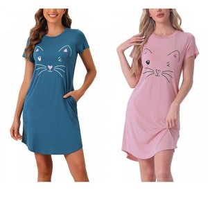 INSPIRE CHIC Women's 2 Pcs Cats Printing Pajamas Cute Printed Sleep Dress Short Sleeve Nightgowns - 1 of 4