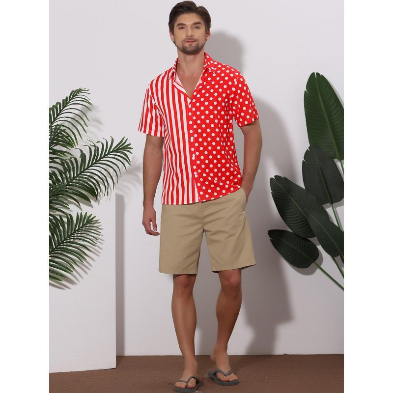 Lars Amadeus Men's Summer Stripe Polka Dots Short Sleeves Button Patchwork Hawaiian Shirt, 3 of 7
