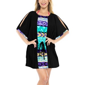 LA LEELA Women's Beachwear Swimsuit Coverups for Women Summer Swim Beach Dress Cover Ups for Women Bathing Suit Mini Shirt XL-XXL Black,Zig Zag - 1 of 4