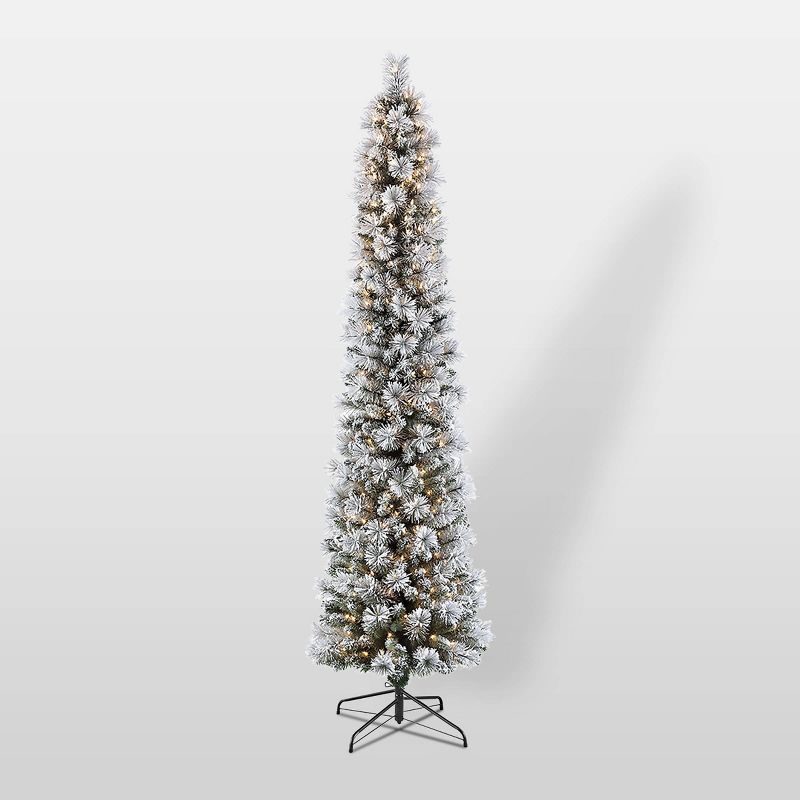 9ft Pre-Lit Flocked Portland Slim Artificial Christmas Pine Tree - Puleo, 1 of 5