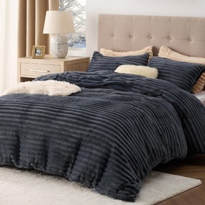 Bedsure Flannel Duvet Cover Set – Ultra Soft Plush with Shaggy Striped Pattern - 1 of 4