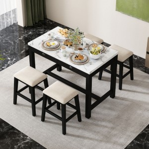 5-Piece Modern Faux Marble Bar Table Ensemble with Drawers and Padded Stools, Perfect for Space-Efficient Dining Nooks or Small Kitchens - 1 of 3
