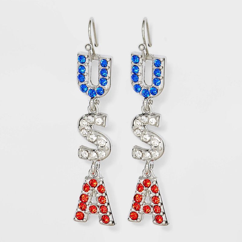 Americana &#34;USA&#34; Linear Drop Earrings - Red/Silver/Blue, 1 of 3