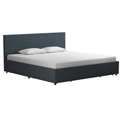 Navy Blue King Linen Upholstered Storage Bed with Tufted Headboard