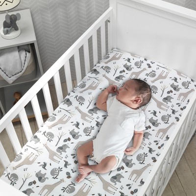 White and Gray Jungle Animal Print Cotton Crib Sheet