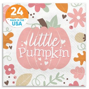 Big Dot of Happiness Girl Little Pumpkin Party Napkins, Fall Birthday or Pink Pumpkin Baby Shower Decor, White 3-Ply Paper Luncheon Napkins - 24 Count - 1 of 4