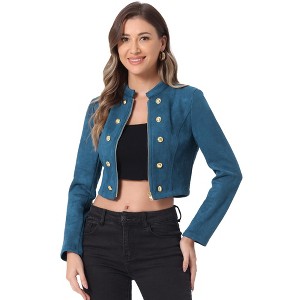 Allegra K Women's Stand Collar Zip Up Faux Suede Cropped Jacket - 1 of 4