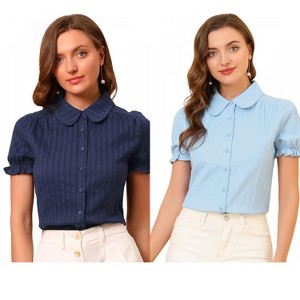 Allegra K Women's Short Sleeve Button Down Peter Pan Collar Blouse 2 Packs - 1 of 4