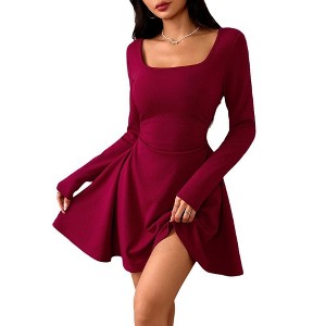 Coolmee Women's Formal Dress Ruched Square Neck Long Sleeve Dress Flowy Short Guest Party Club Mini Dresses - 1 of 4
