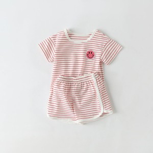 MyKids-Usa Baby Smiley Patched Pattern Striped Graphic Tee Combo Shorts Sets - 1 of 4