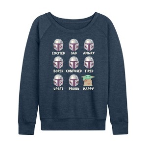Women's - Star Wars - The Mandalorian Mandalorian Moods Lightweight French Terry Wide Neck Long Sleeve Graphic Shirt - 1 of 4