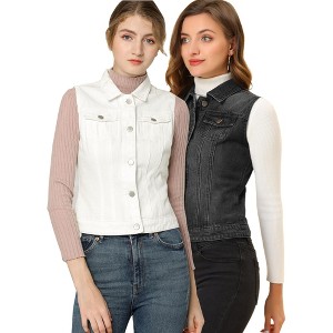 INSPIRE CHIC Women's Buttoned Washed Denim Vest with Faux Chest Flap Pockets 2 Packs - 1 of 4