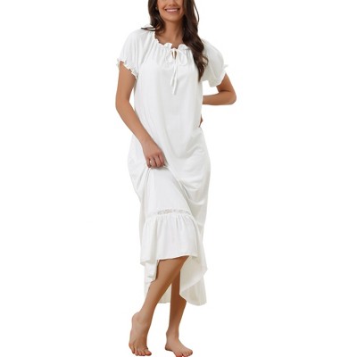 cheibear Women's Victorian Ruffle Short Sleeve Tie Neck Pajama Sleep Dress