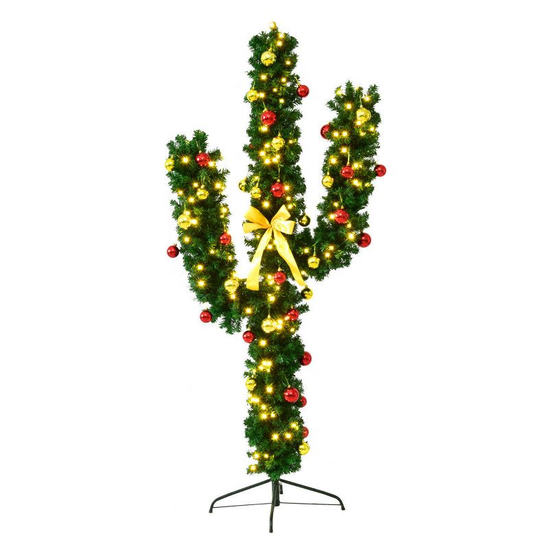 Costway 6Ft Pre-Lit Cactus Christmas Tree LED Lights Ball Ornaments, 1 of 10