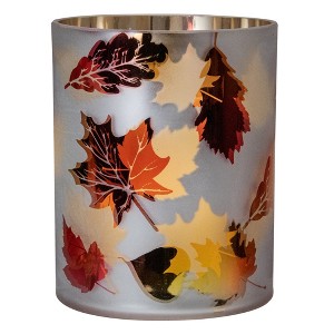 Northlight 6" Matte White and Gold Autumn Leaves Flameless Glass Candle Holder - 1 of 4