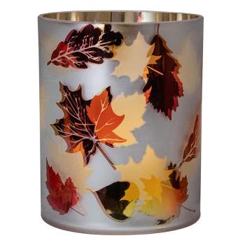 Northlight 6" Matte White and Gold Autumn Leaves Flameless Glass Candle Holder