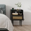 Rattan Nightstand Set of 2, Bedside Table with Charging Station, Modern Night Stand, Wood Side Table, Small End Table with Drawer for Bedroom, Black - 3 of 4