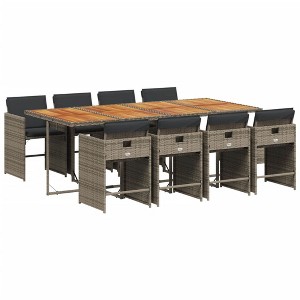 vidaXL Patio Dining Set with Cushions - 9 Piece Outdoor Furniture Gray PE Rattan/Acacia Table, Folding Chairs, Removable Covers - 1 of 4