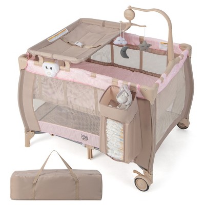 Image of Babyjoy Portable Baby Playard Nursery Center Crib with Hanging Toys & Music Box