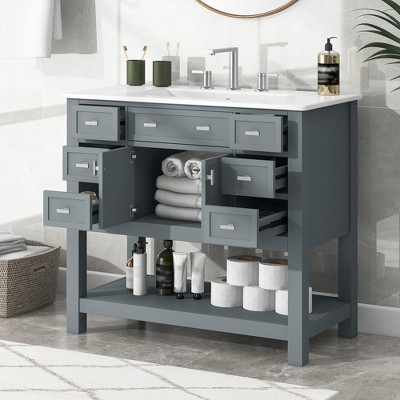 Grungis Bathroom Vanity with Top Single Sink,Modern Bathroom Storage Cabinet with 2 Soft Closing Doors and 6 Drawers