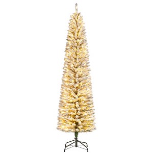 Pre-Lit Snow Flocked Pencil Christmas Tree, Fir Hinged Slim Skinny Corner Xmas Tree with Warm White Lights & Snow Branch Tips - 1 of 4