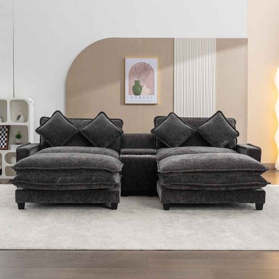 Sectional Sofa with 2 Ottomans, Sofa with USB Ports and Cup Holders and Storage Compartment, Chenille Couch with Plywood Frame-Cuddlewood