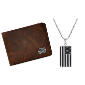 Steeltime Men's Vegan Leather American Flag Wallet and Monochrome American Flag Pendant - 1 of 3