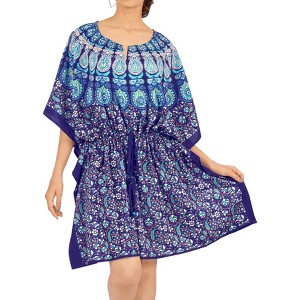 HAPPY BAY Women's Holiday Mini Swim Suit Loose Beach Dress Vacation Swimwear Beach Cover Up Dress Beachwear Tunics 2X-3X Blue, Abstract - 1 of 4