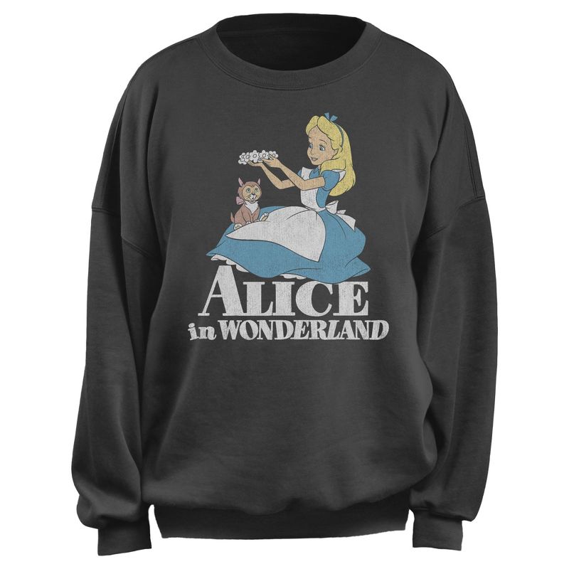 Junior's Alice in Wonderland Distressed Alice and Dinah Sweatshirt, 1 of 3