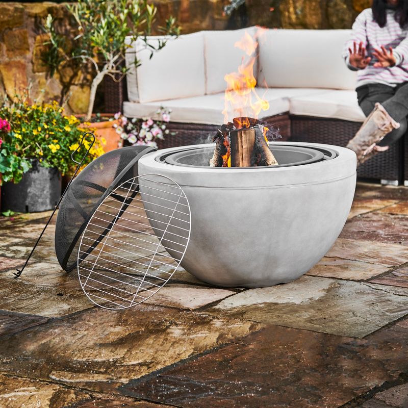Teamson Home 30" Outdoor Round Wood Burning Fire Pit with Faux Concrete Base, Gray, 5 of 13