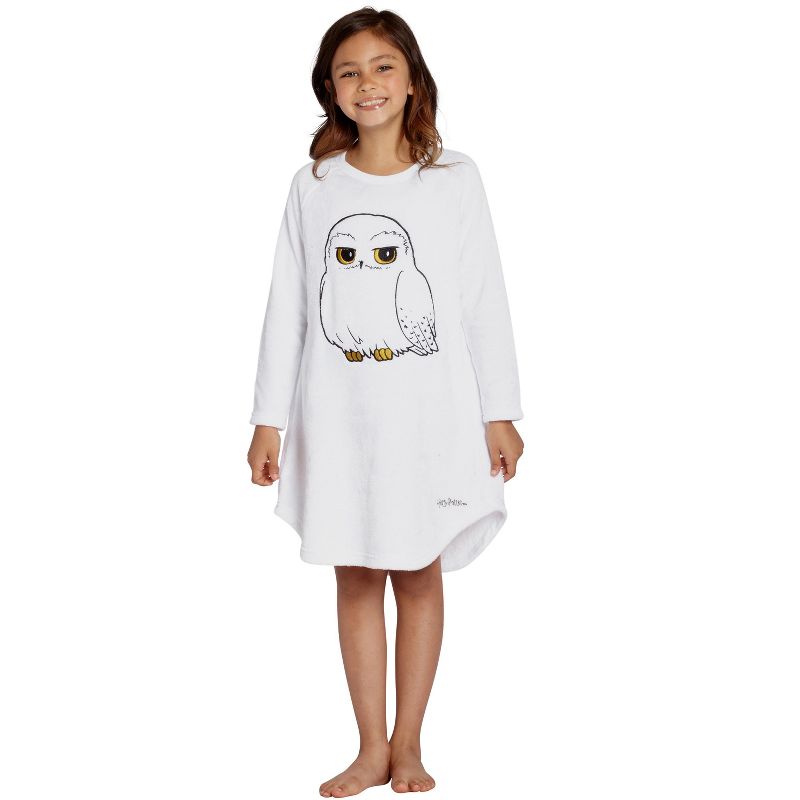 Harry Potter Pajama Girls' Hedwig Owl Micro Raschel Fleece Hi-Lo Nightgown Costume, 2 of 8