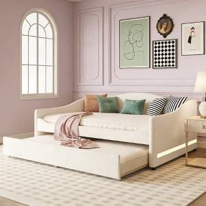 Luxystar Full Size Teddy Fleece Upholstered Daybed with LED Light and Trundle - 1 of 4