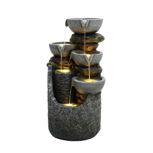 LuxenHome 25" Small Water Fountain Outdoor, Cascading Bowl Garden Water Features with LED Lights Gray - 1 of 4