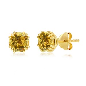 Simona Sterling Silver 'November Birthstone' 6mm Round Gem, Gold Plated Stud Earrings - Citrine (1.4cttw) - Yellow - 1 of 2