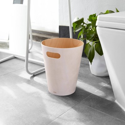 White and Natural Wood Bathroom Trash Can with Handles