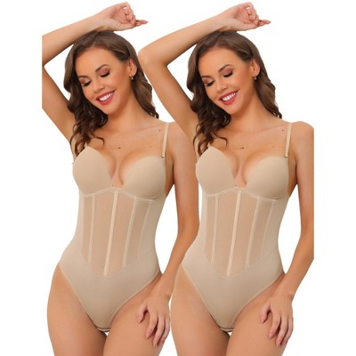Allegra K Women's Mesh Panel Tummy Control Sculpting Adjustable Strap Adult Bodysuits 2 Pcs