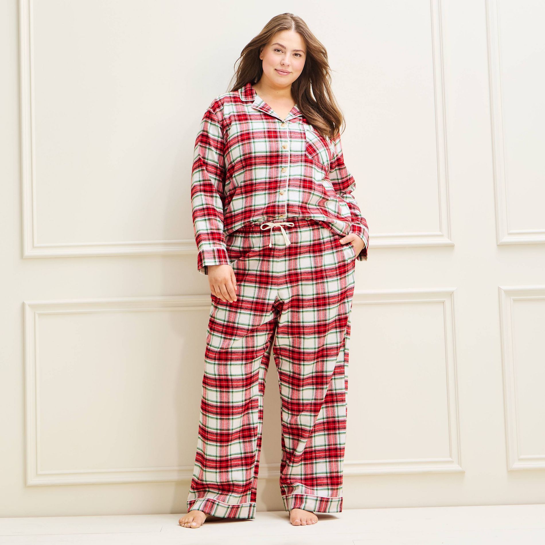 Women's Holiday Classic Plaid Flannel Matching Family Pajama Set - Wondershop™ Cream
