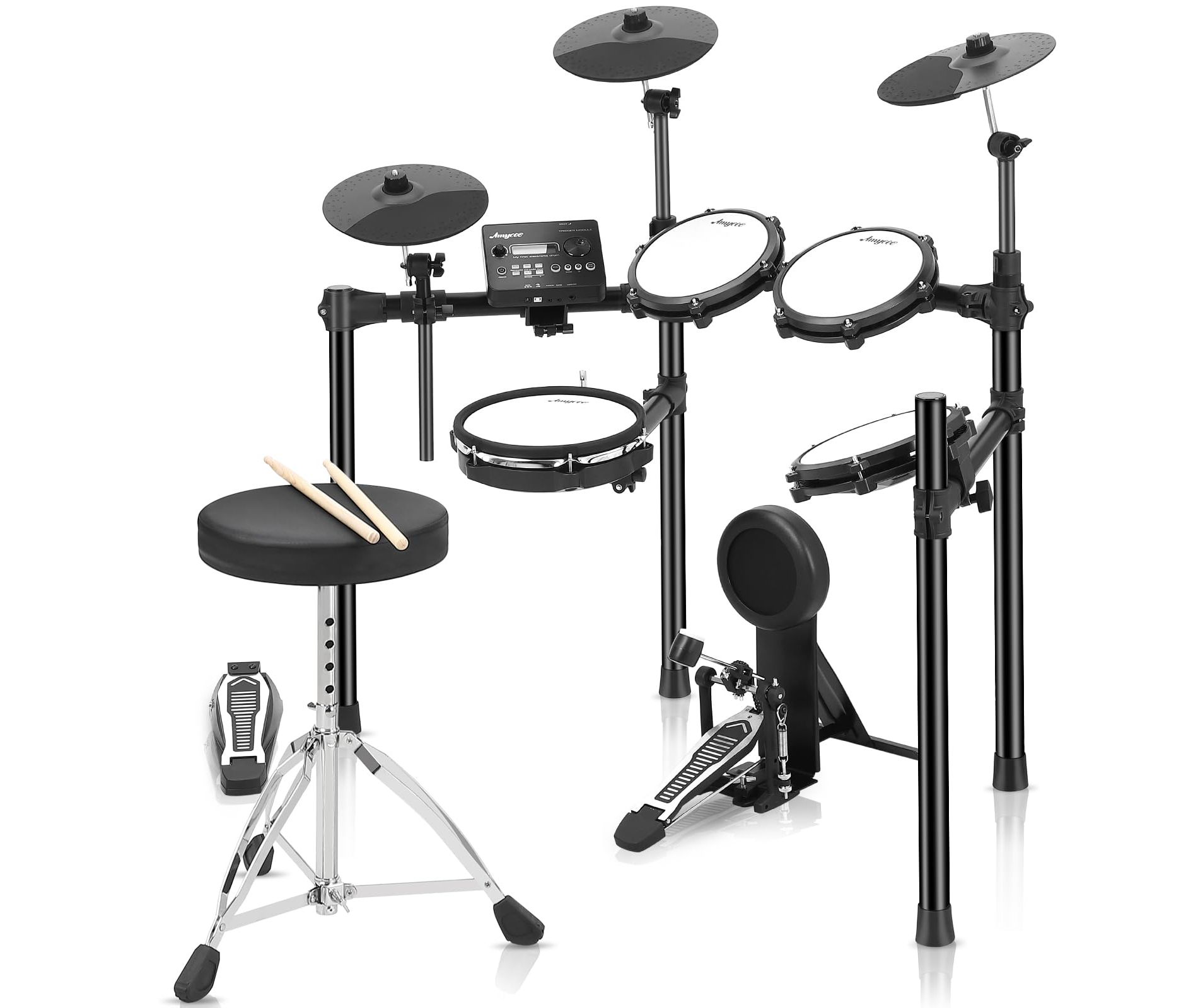 Electronic Drum Set with Quiet Mesh Pads ¨C 5 Drums & 3 Cymbals for Beginners/Adults (Includes Kick Pedal/Throne/Headphones/Sticks, 390 Sounds, USB)
