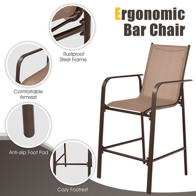 Brown Steel and Fabric Outdoor Patio Bar Set with Tempered Glass Table