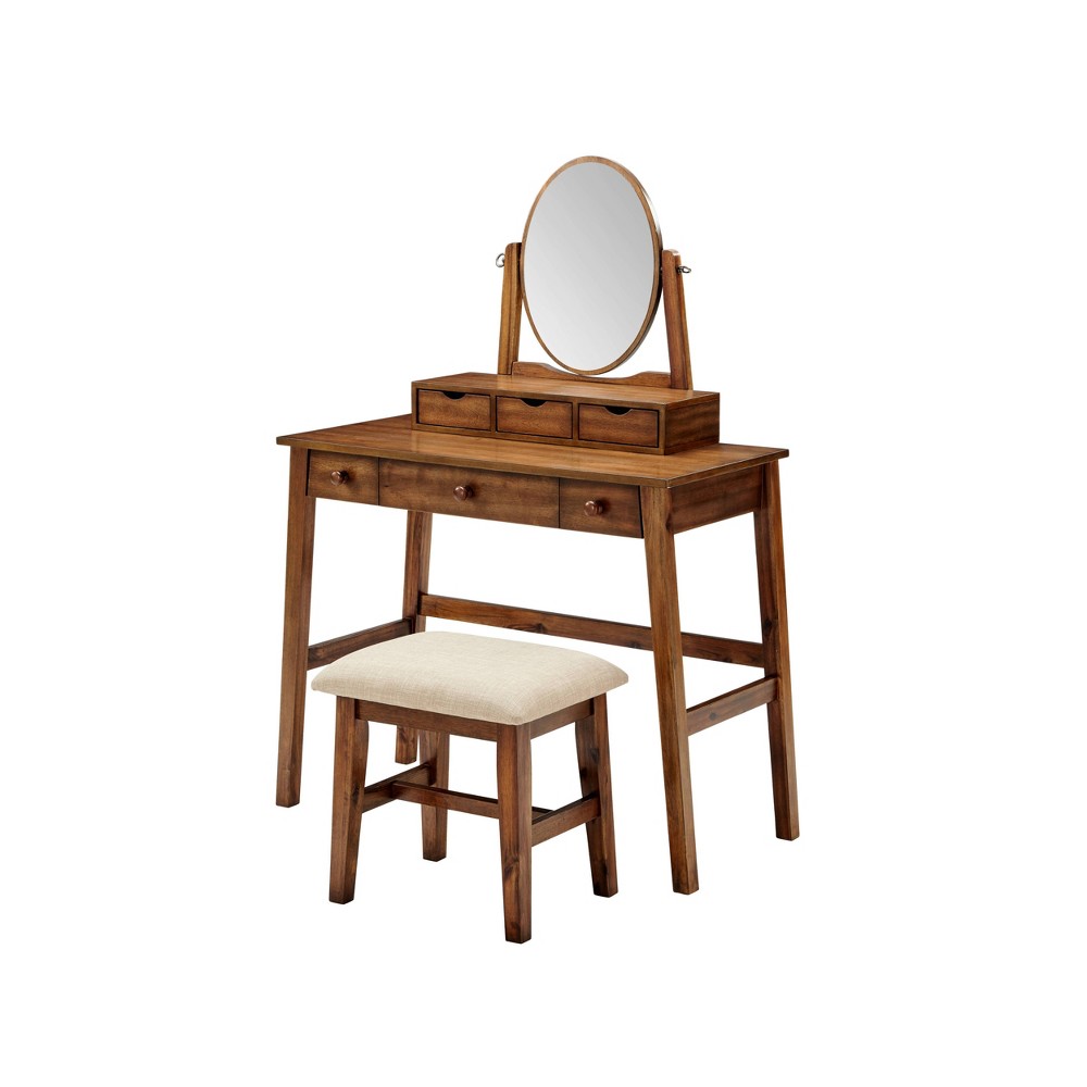 Photos - Other Furniture Linon Lorna Traditional Wood 6 Drawer 2 Tier Adjustable Mirror Vanity and Uphols 